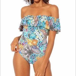 NWT Bleu Rod Beattie Off-The-Shoulder Banded Multi-Color One-Piece Swimsuit Sz.8